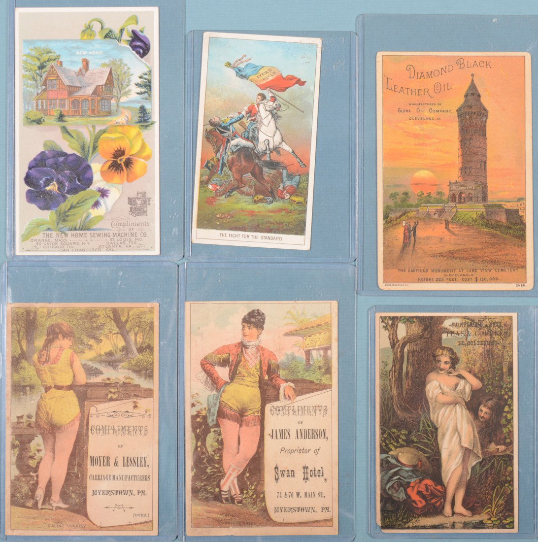 Group of Six Advertising Trade Cards. The New Home: Group of Six Advertising Trade Cards. The New Home Sewing Machine Co. by T.L. Stine, Trego, Wash. Co., MD.; Ayer's Pills, Cure All, Druggist at No. 3928 Market St., Phila. PA.; Painter and Kuty, Teas 
