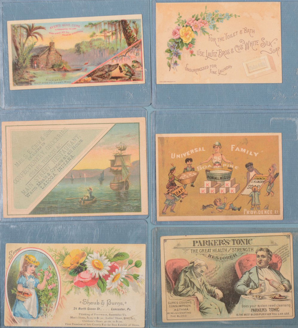 Group of Six Advertising Trade Cards. Lautz Bros. : Group of Six Advertising Trade Cards. Lautz Bros. & Co. "White Silk Soap." by Grocer P.H. Dunn 149 State St., Auburn, N.Y. ca. 1888; Universal Family Soapine, Kendall Mfg. Co., Providence, R.I.; Parke