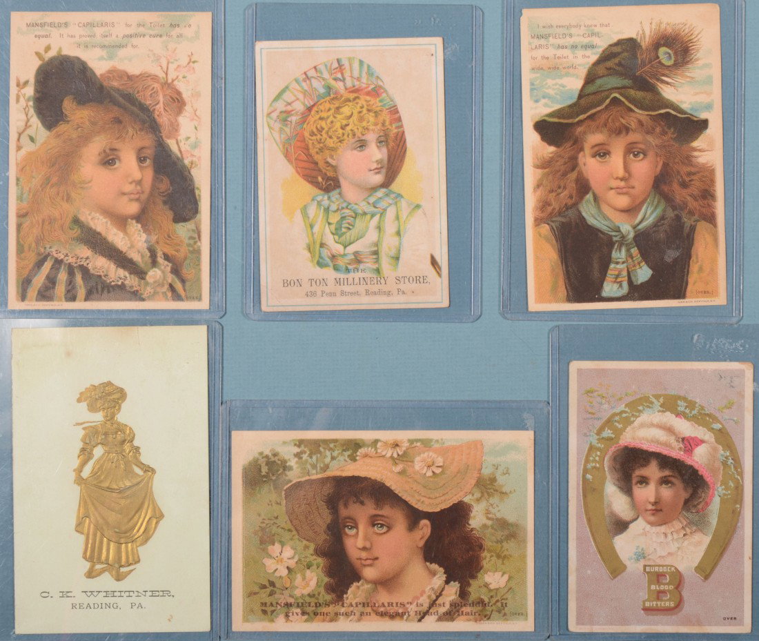 Six Advertising Trade Cards featuring Women. The B: Six Advertising Trade Cards featuring Women. The Bon Ton Millinery Store, 436 Penn St., Reading, Pa.; Three cards for Capillaris (for dandruff), T. Hill Mansfield, Prop. Portland, Me.; simple plain ca