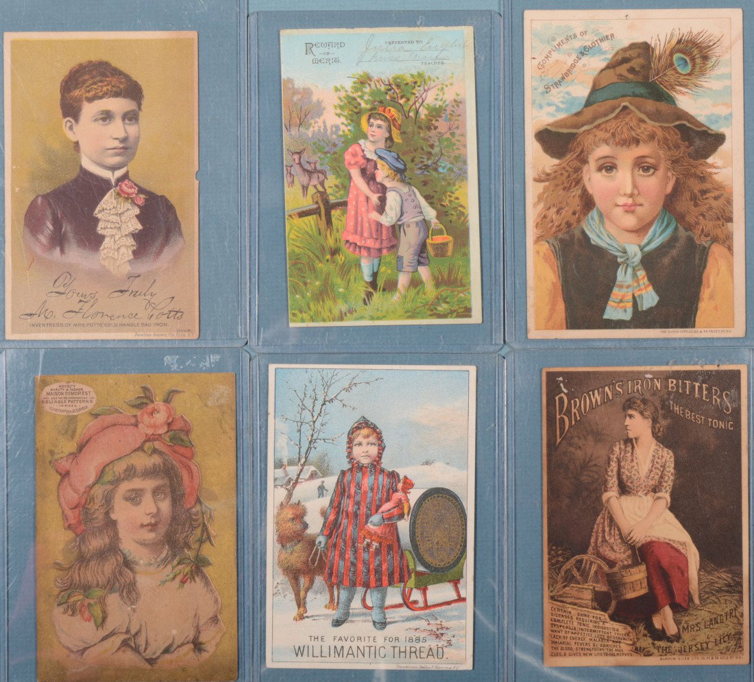 Group of Six Advertising Trade Cards. Willimantic : Group of Six Advertising Trade Cards. Willimantic Spool Cotton by R.R. Stilwell, Dry Goods and More, Masonic Block, Port Byron, N.Y.; Joseph Ruf, Ladies' Hair Dressing, Human and Imitation Hair Pieces