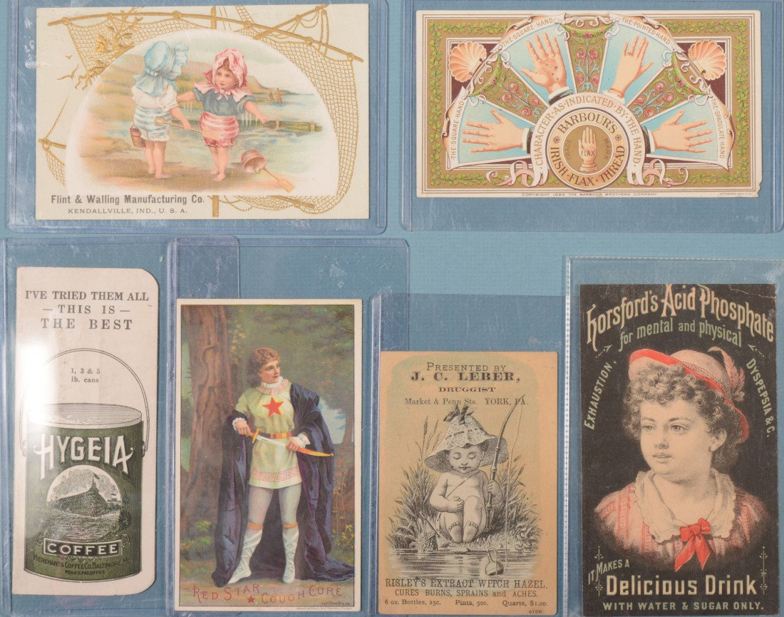 Group of Six advertising trade Cards. J.C. Leber, : Group of Six advertising trade Cards. J.C. Leber, Druggist, York, PA. for Risley's Extract Witch Hazel; Flint & Walling Mfg. Co. makers of Wind-mills and pumps of Kendallville, Ind. And stamped by T.L