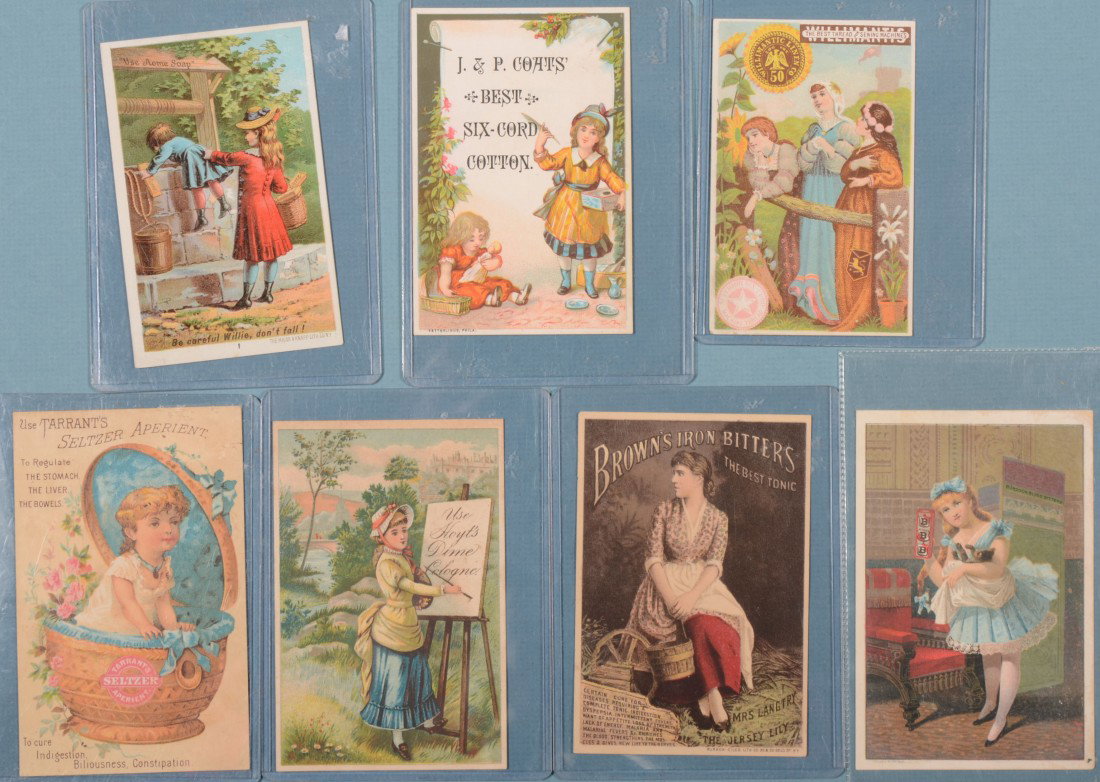 Group of Seven Trade Cards. J. & P. Coats, Six Cor: Group of Seven Trade Cards. J. & P. Coats, Six Cord Cotton Thread; Willimantic Linen Co., Filbert & Bro. Dry Goods, Womelsdorf, Pa.; "Willie Don't Fall!", Use Acme Soap; Brown's Iron Bitters, Baltimor
