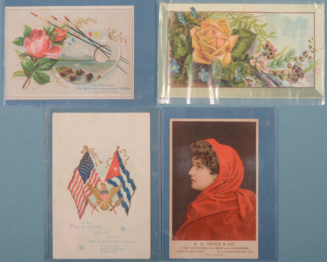 Four Large Colored Trade Cards. Royersford Agricul: Four Large Colored Trade Cards. Royersford Agricultural Works, featuring an illustration of a Champion Horse Power Treadmill by Y.C. Freed & Co.; A.C. Yates & Co., Fine Clothing, Ledger Building, Phil