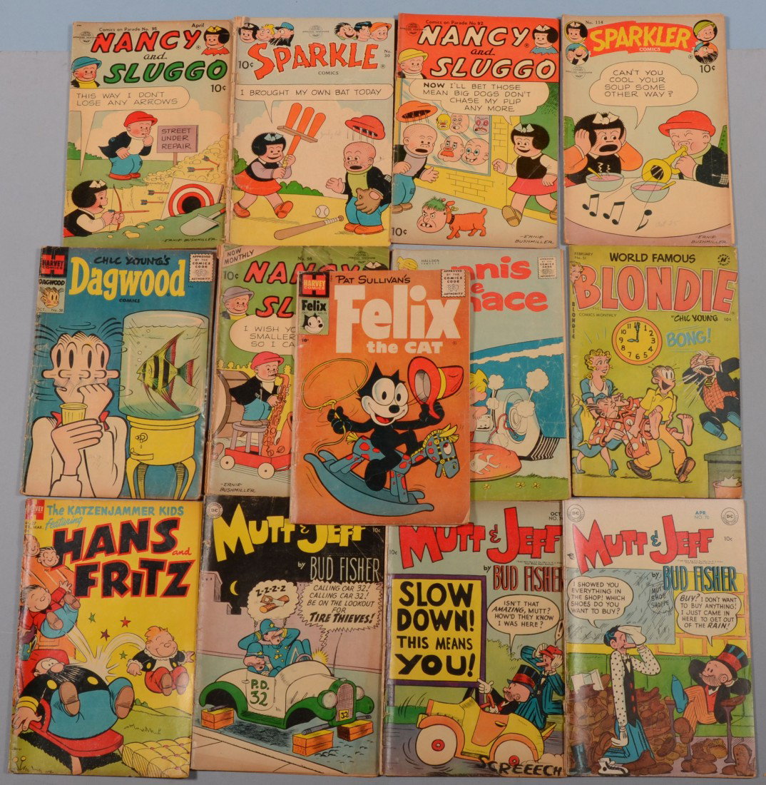 Thirteen Assorted Golden Age Comic Books. Sparkle,: Thirteen Assorted Golden Age Comic Books. Sparkle, Augt./Sept.; Nancy & Sluggo, Oct./Nov.; Sparkler, Nov./Dec. 1953; Nancy & Sluggo, Apr., July 1954. Harvey Comics: Blondie, Feb. 1953; Katzenjammer Ki