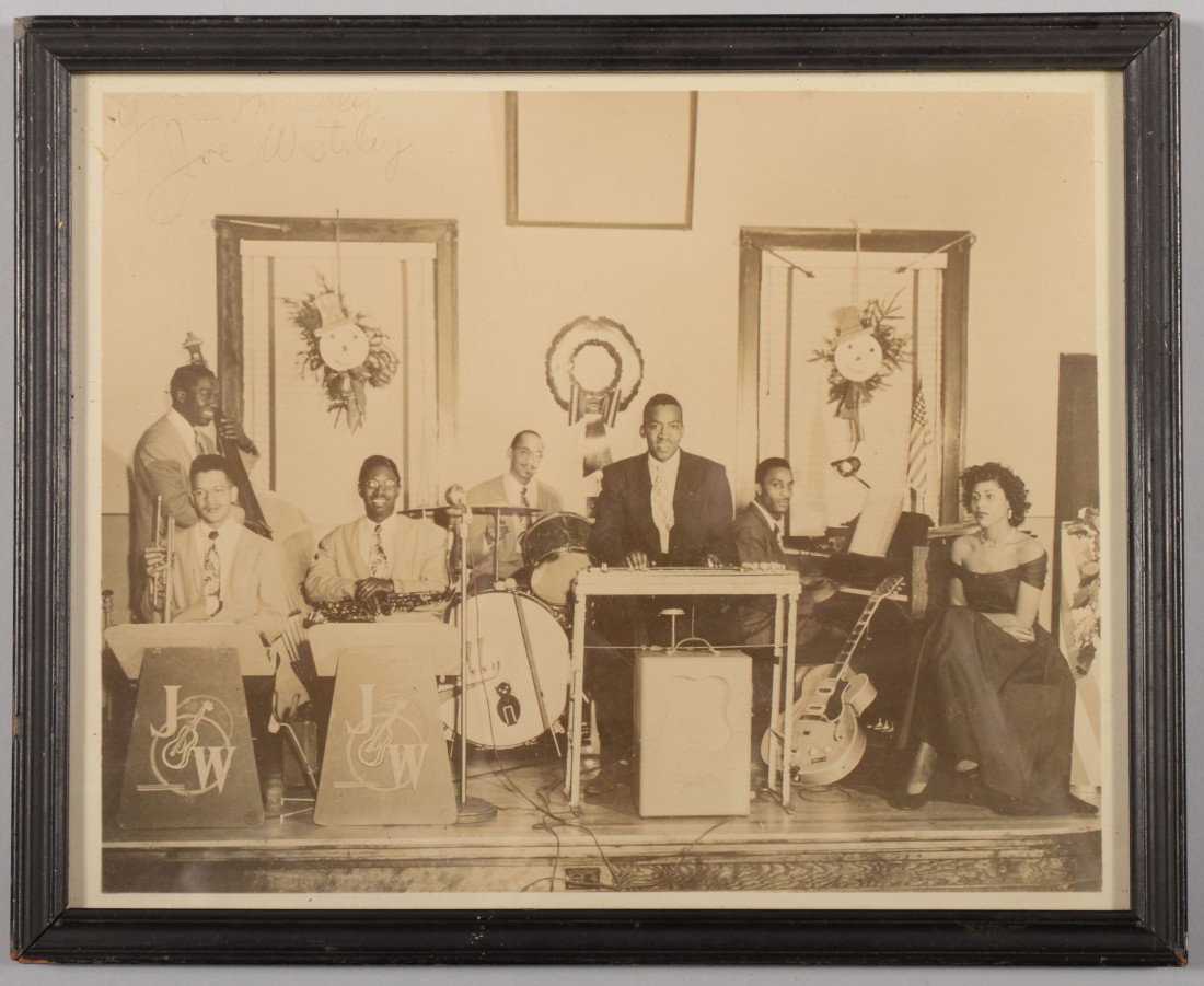 Four Press Photo's of Stage Musicians. All glossy : Four Press Photo's of Stage Musicians. All glossy black and white 8" X 10"s. Autographed image of Joe Westray Sextet with female vocalist. Good image of a well known leader from Pittsburgh area. In a 