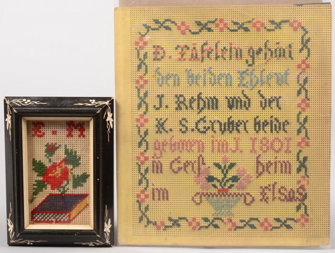 Two Pieces of Punched Board Needlepoint. One in bl: Two Pieces of Punched Board Needlepoint. One in black with white Victorian frame exercise of a book with a flower and initials E. M. 5 1/8"h. X 3 5/8"w. Along with an unframed exercise in German with
