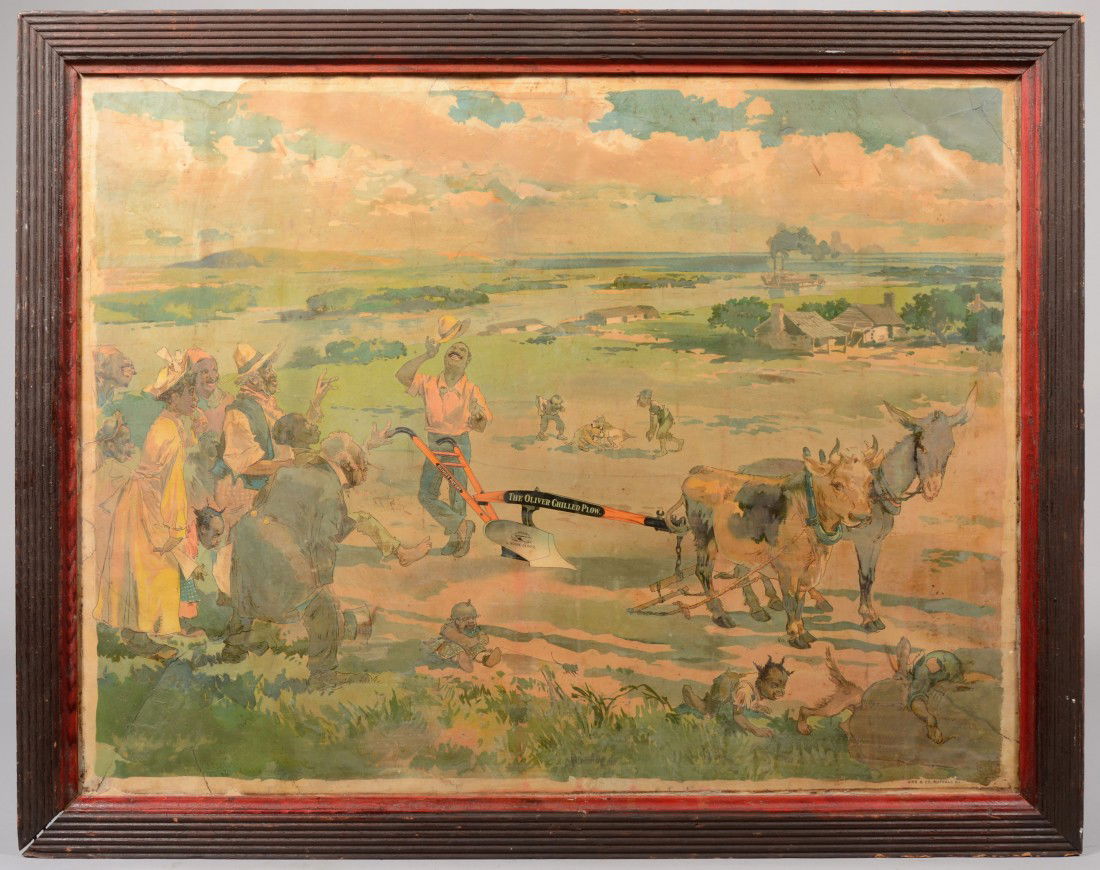 The Oliver Chilled Plow Color Lithographic Trade P: The Oliver Chilled Plow Color Lithographic Trade Poster. Unusual early image with a black farmer, friends and folk rejoicing over the new tool. Two animal team is of a cow and a donkey. Stern wheel st