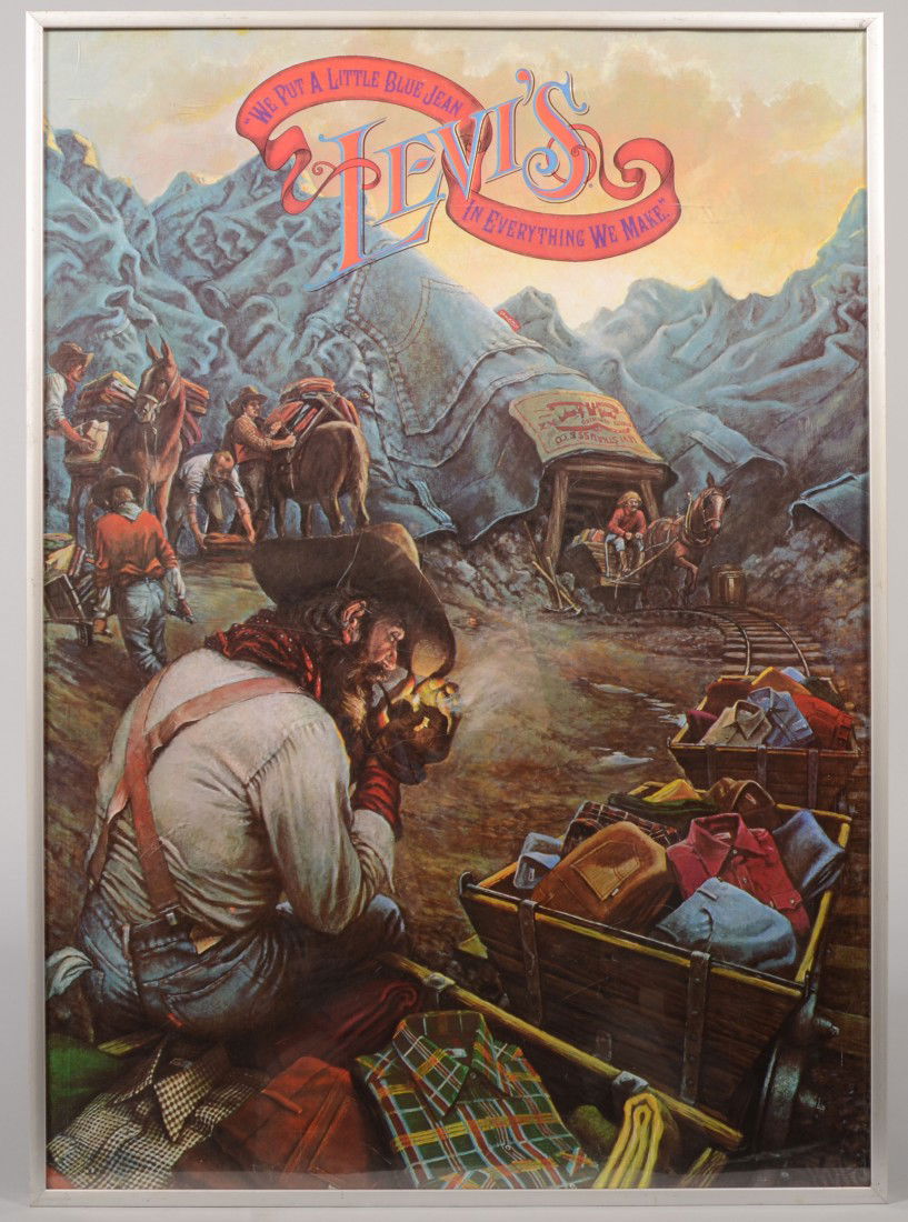Levi's Blue Jeans Color Poster. Image of a mine sh: Levi's Blue Jeans Color Poster. Image of a mine shaft emanating from a mountain range of denim blue jeans. Ore cars filled with shirts and pants with a miner lighting his pipe and others loading pack