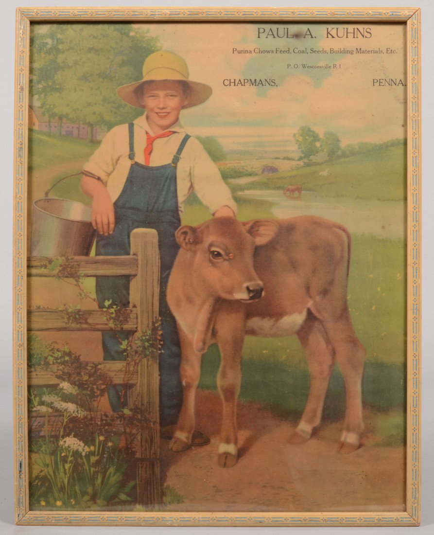 Paul A. Kuhns Purina Chows, Chapmans, Penna. Color: Paul A. Kuhns Purina Chows, Chapmans, Penna. Color Lithographic Poster. Image of a boy in coveralls with a calf over a drawn color background. In a thin wood frame: 18 5/8"h. X 14 5/8"w. overall. Cond