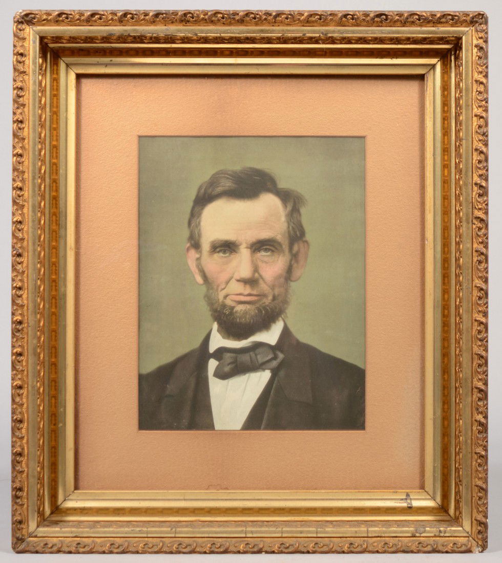 President Lincoln Color Lithographic Photo Image.: President Lincoln Color Lithographic Photo Image. Bust shot of our 16th resident of the Executive Office. Old textured matte and ornate sculpted gilt plaster and wood frame: 11"h. X 8 1/2"w. matted vi