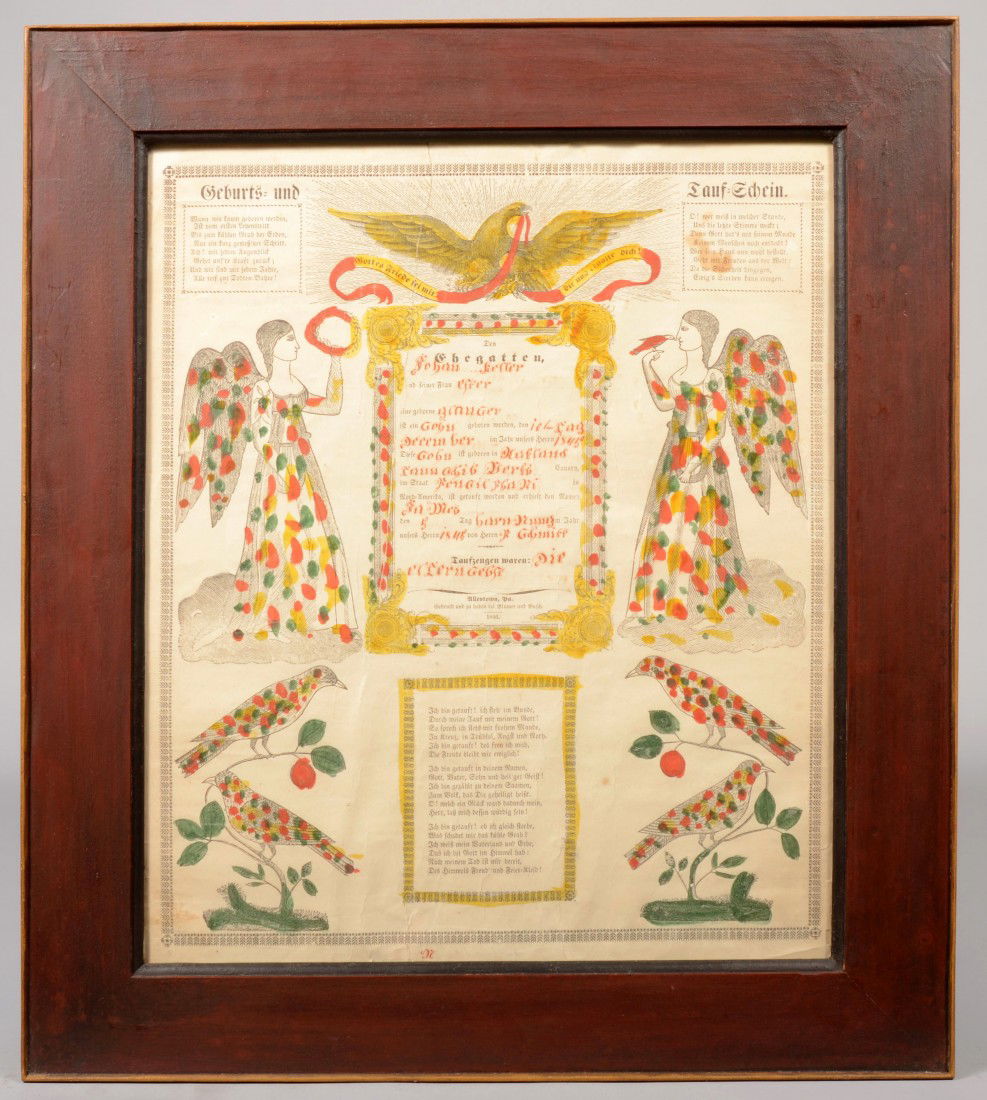 Hand Decorated Printed Taufschein. Spread eagle ov: Hand Decorated Printed Taufschein. Spread eagle over tablet with information in German. Angels and birds decorated perimeter. All decorated with watercolor spots in red, green and yellow. Printed by B