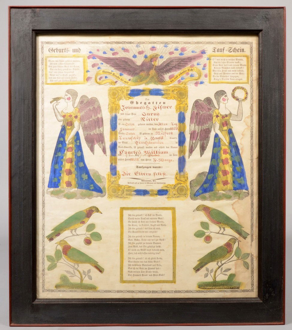 Hand Decorated Printed Taufschein. Spread eagle ov: Hand Decorated Printed Taufschein. Spread eagle over tablet with information in German. Angels and birds decorated perimeter. All decorated with watercolor spots and solid fill in red, blue, green and