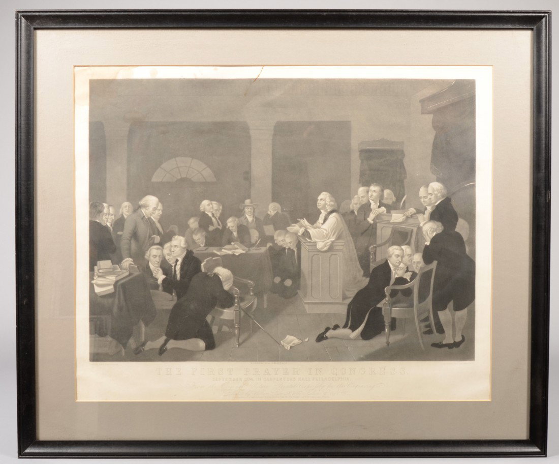 Large Folio "The First Prayer in Congress" Black a: Large Folio "The First Prayer in Congress" Black and White Lithograph Print. Based on a painting by T.H. Matteson and engraved by H.S. Sadd. Copyrighted 1848 by John Neale, New York. Mounted with a do
