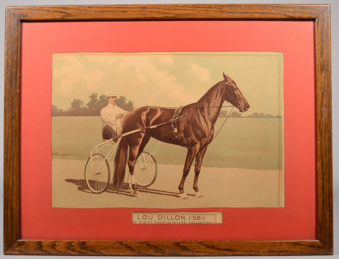 Lou Dillon, First Two Minute Trotter Color Lithogr: Lou Dillon, First Two Minute Trotter Color Lithograph of a Photo. Image shows the horse with a sulky and driver on track with title below. Rematted with red construction paper in a natural finished wo