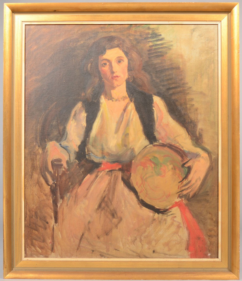 Portrait of a Seated Woman, Oil on Canvas. Wearing: Portrait of a Seated Woman, Oil on Canvas. Wearing a black vest and red sash and holding a tambour. Unsigned. Mounted in a gilt molded wood frame: 29 1/2"h. X 24 1/2"w. sight and 34"h. X 29"w. overall