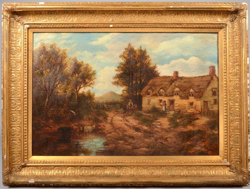 Cottage Scene, Oil on Canvas. Man returning home o: Cottage Scene, Oil on Canvas. Man returning home on horseback to welcoming family. Unsigned. In deep plaster molded gilt wood frame: 19 3/4"h. X 29 1/2"w. sight and 29"h. X 38 1/2"w. overall. Conditio