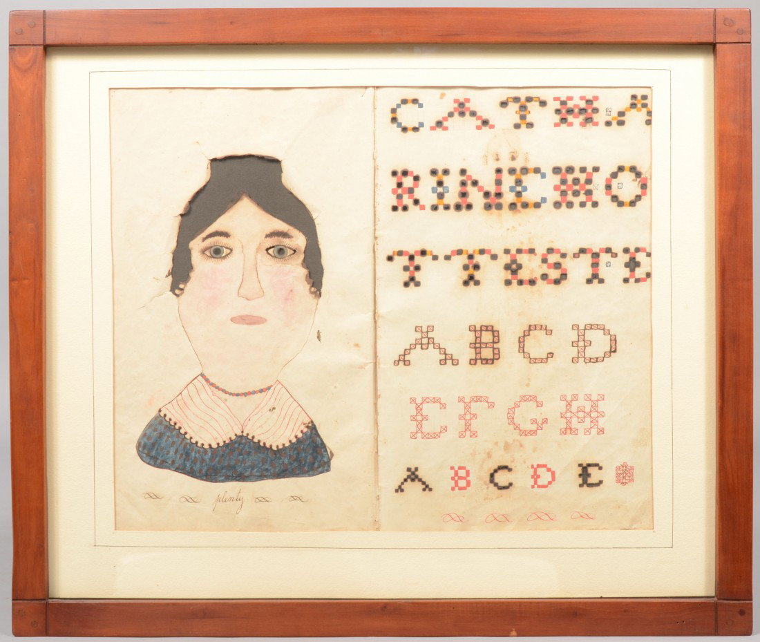 Framed Copy Book of Catherina Hottenstein. Shown o: Two Framed Pages from the Copy Book of Catherina Hottenstein. Showing a bust image of a woman titled "Plenty" with her name in a sampler like composition on opposing page. All done in pen and ink. Ori
