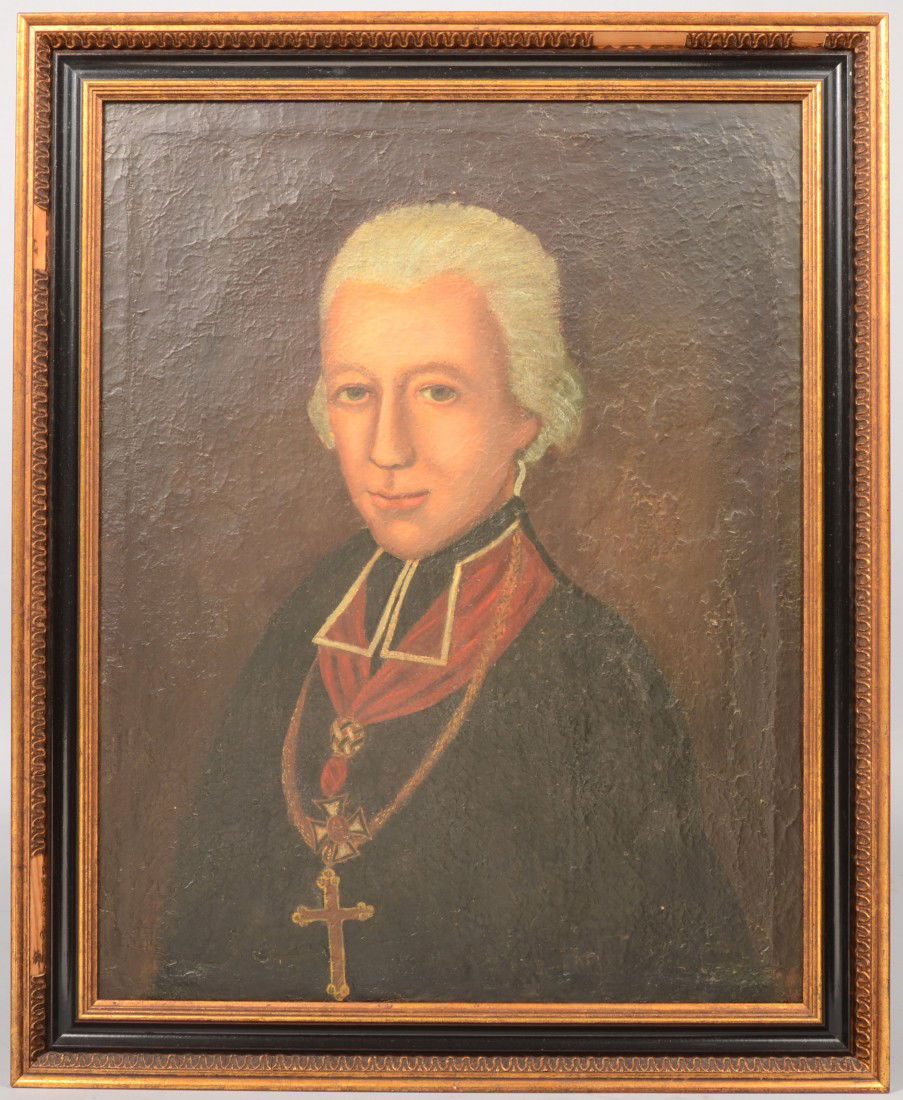 Portrait of A Monsignor, oil on canvas. Heavily te: Portrait of A Monsignor, oil on canvas. Heavily textured surface. Appears to have much over painting and/or fill-in. Back of canvas also stained dark. Unsigned. Mounted in plaster molded wood frame: 2