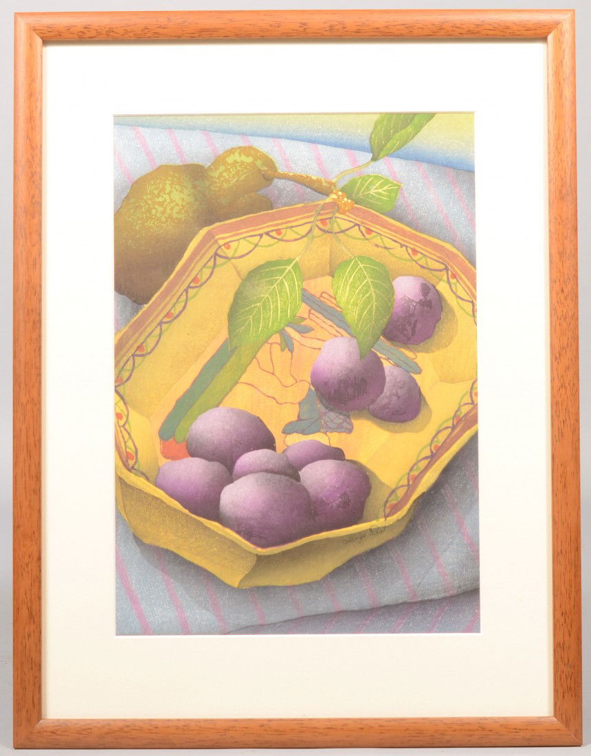 Luigi Rist Plums in a Yellow Dish, Wood Block Prin: Luigi Rist Plums in a Yellow Dish, Wood Block Print. Polychrome image of same with a green pear on outside of dish. Signed at lower right corner of dish. Mounted in simple wood frame with off white ma