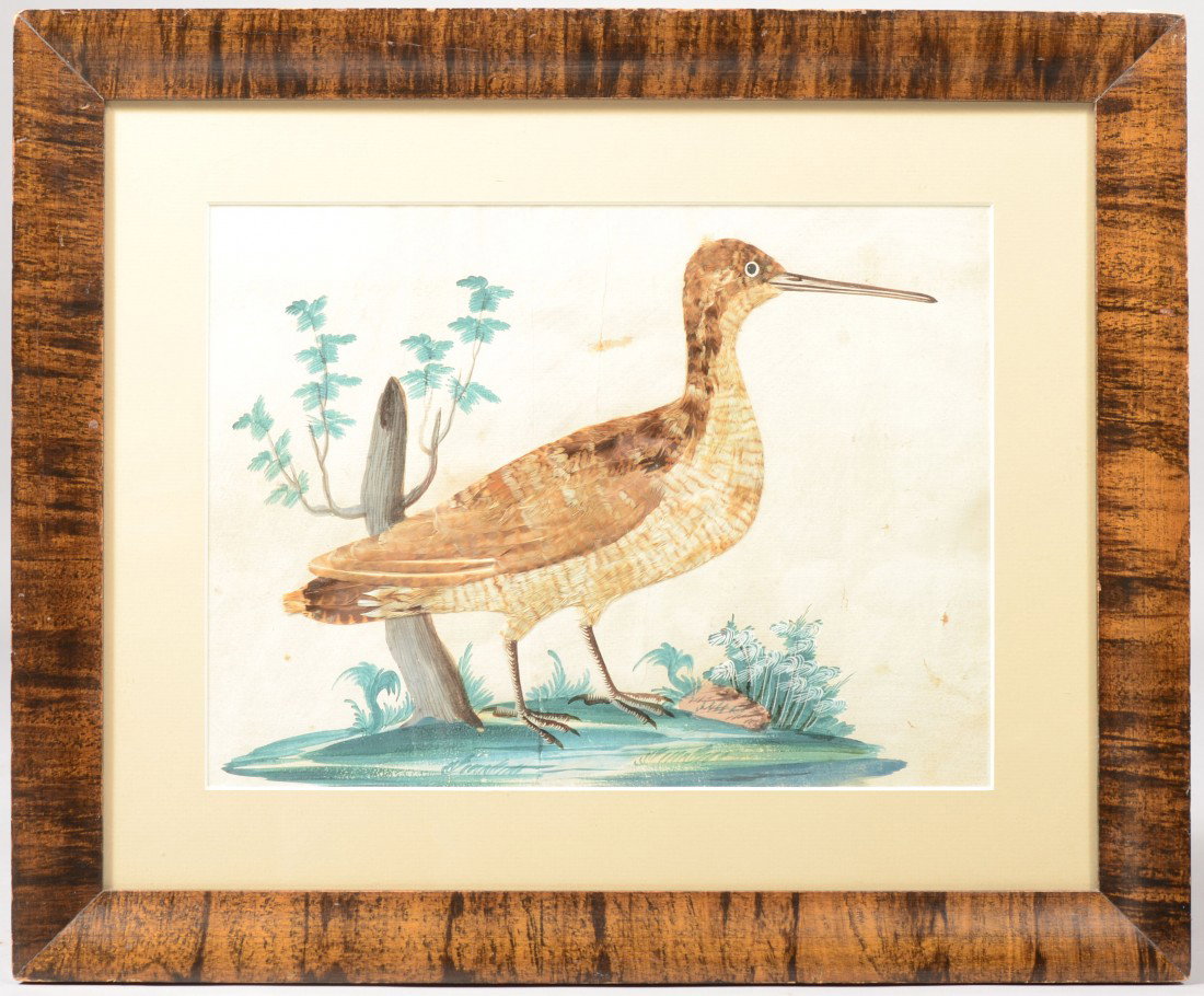 Feathered Shorebird with Watercolor Background on: Feathered Shorebird with Watercolor Background on Paper. Image of a Sandpiper done in feathers with painted bill and legs on a background of foliage in watercolor. Unsigned. In a faux grained wood fra