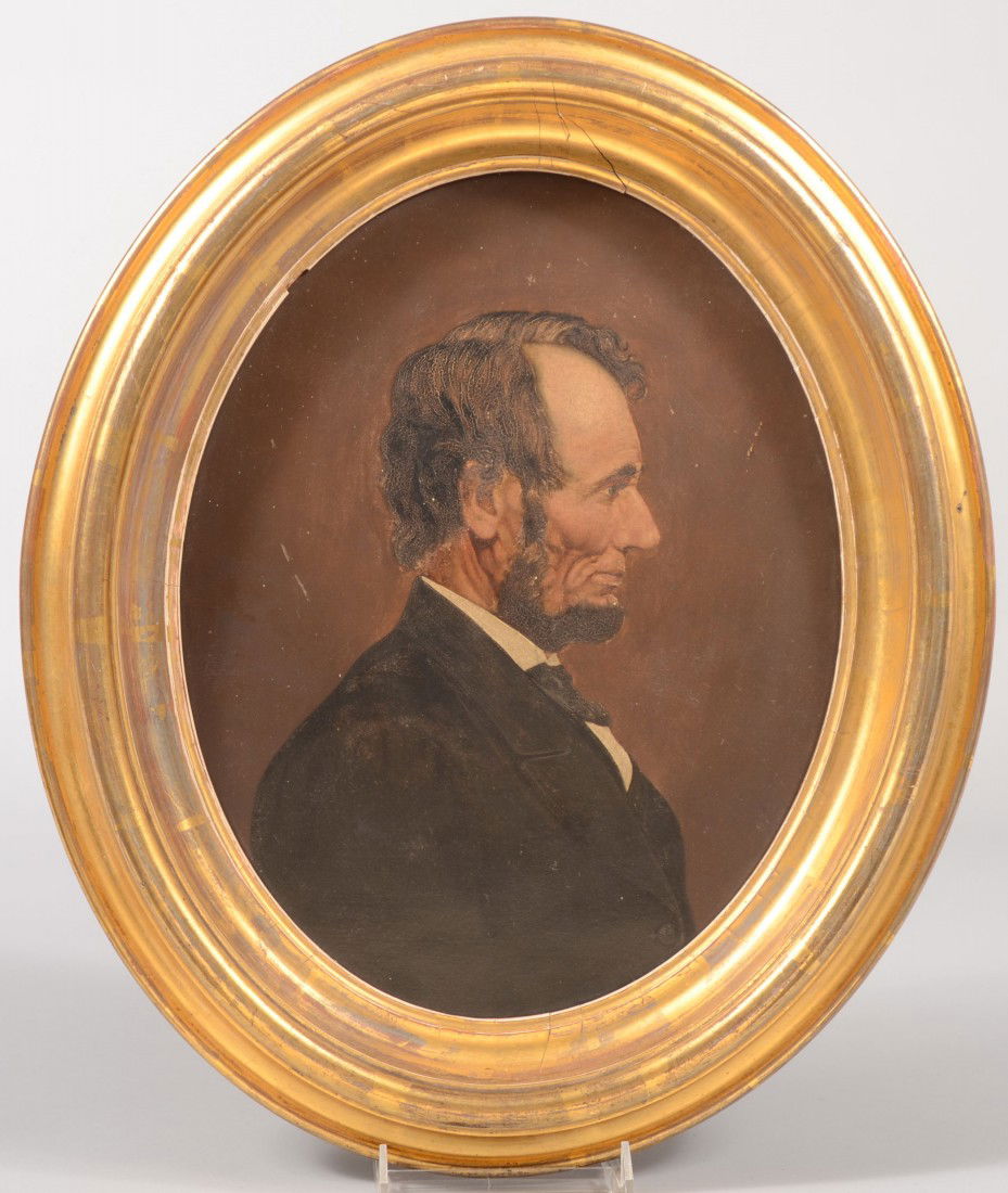 Profile Portrait of President Lincoln, Oil on Mult: Profile Portrait of President Lincoln, Oil on Multiply Cardboard. Done of his right side and late in his career. Nicely done. Mounted in a plaster molded and gilt wood oval frame. Unsigned. 13 1/2"h.