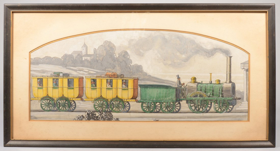 Watercolor Illustration of an Early Passenger Trai: Watercolor Illustration of an Early Passenger Train. Engine labeled as "Stephenson", but not the famed Stephenson Rocket. Also showing a coal car and two passenger cars all on a black and white countr