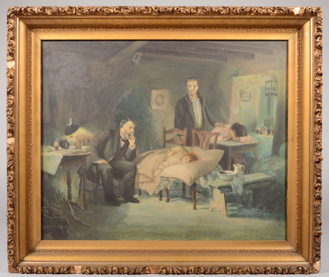 "The Doctor" Oil on Canvas of the Famous Print by: "The Doctor" Oil on Canvas of the Famous Print by Samuel Luke Fildes. An unsigned copy in oil. Mounted in a deep gilt plaster molded wood frame: 21 1/2"h. X 26 1/2"w. sight and 27 1/2"h. X 32 1/4"w. o