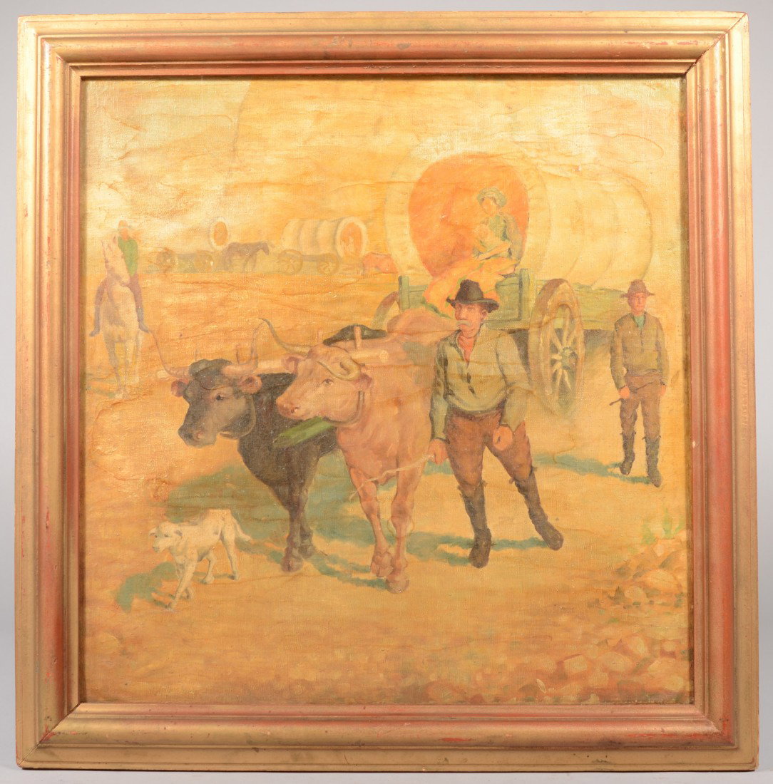 Covered Wagon Train with Ox Teams and Drovers. Oil: Covered Wagon Train with Ox Teams and Drovers. Oil on canvas laid down on Masonite board. May be a part of a larger work. No signature. Mounted in a gold painted wood frame: 23 1/4"h. X 22 3/4"w. sigh
