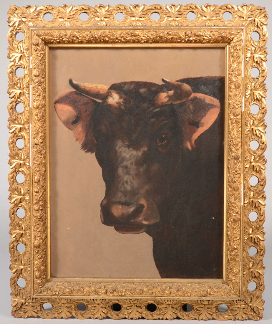 Bust of a Bull, Oil on Canvas. Image of a black bu: Bust of a Bull, Oil on Canvas. Image of a black bulls' head, signed on back: "Florida Danforth" and dated 1888. Mounted in an ornately decorated plaster molded gilt wood frame: 20 1/4"h. X 15 1/4"w. s