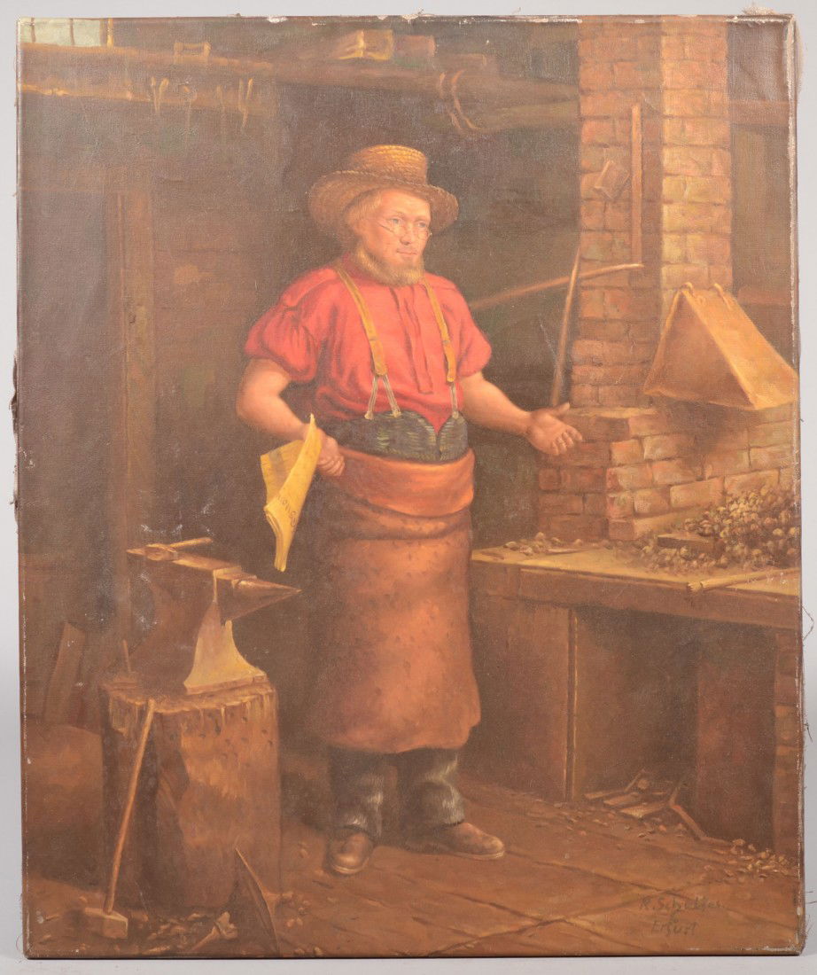 Painting of a Blacksmith, Oil on Canvas. Smithy st: Painting of a Blacksmith, Oil on Canvas. Smithy standing at his forge with a newspaper in hand. Signed in lower right: "R. Schultes, Erfurt(Germany)." Unframed. 23 1/2"h. X 19 3/4"w. Condition: Good,