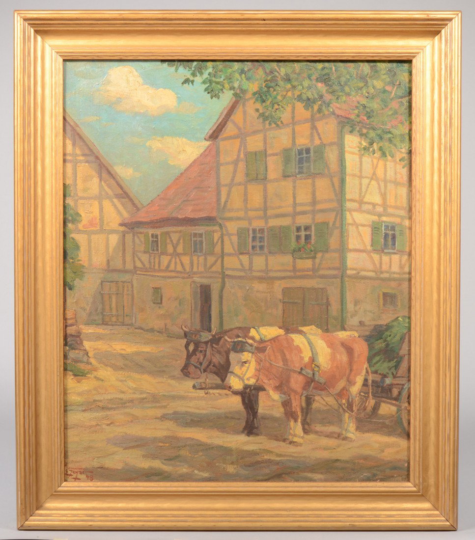Oxen Cart and Tudor Buildings, Oil on Canvas. Sign: Oxen Cart and Tudor Buildings, Oil on Canvas. Signed in lower left corner: "E. Zeyer, '48." Erich Zeyer, German, b. 1903 - d.1960. Mounted in a gold painted molded wood frame: 22 1/2"h. X 18 1/2"w. si