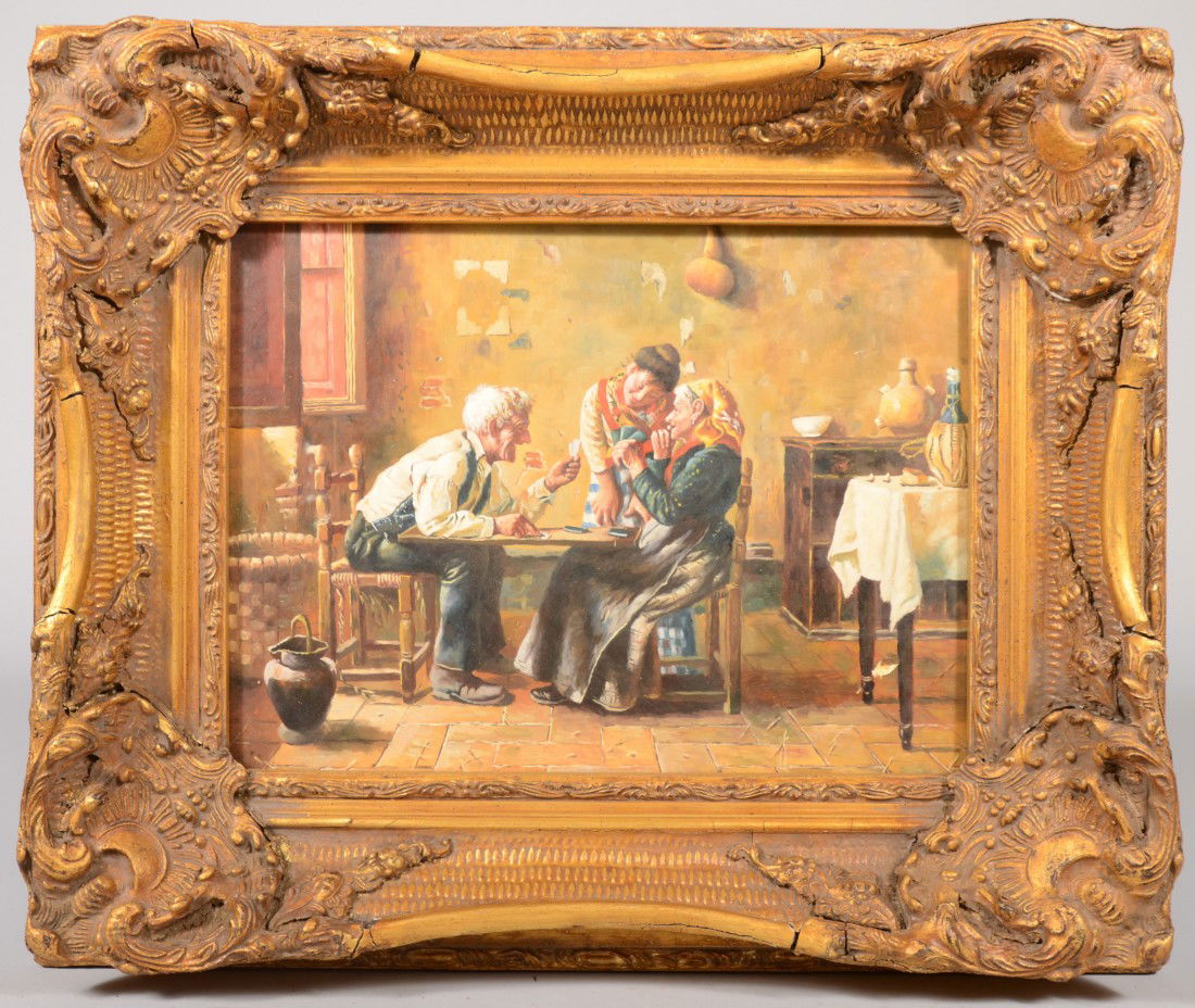 The Card Trick, Oil on Wood Board. A view of a 19t: The Card Trick, Oil on Wood Board. A view of a 19th cen. Italian house interior with two women and an older man with a lap board. Unsigned. Mounted in an ornate carved and plaster molded gilt wood fra