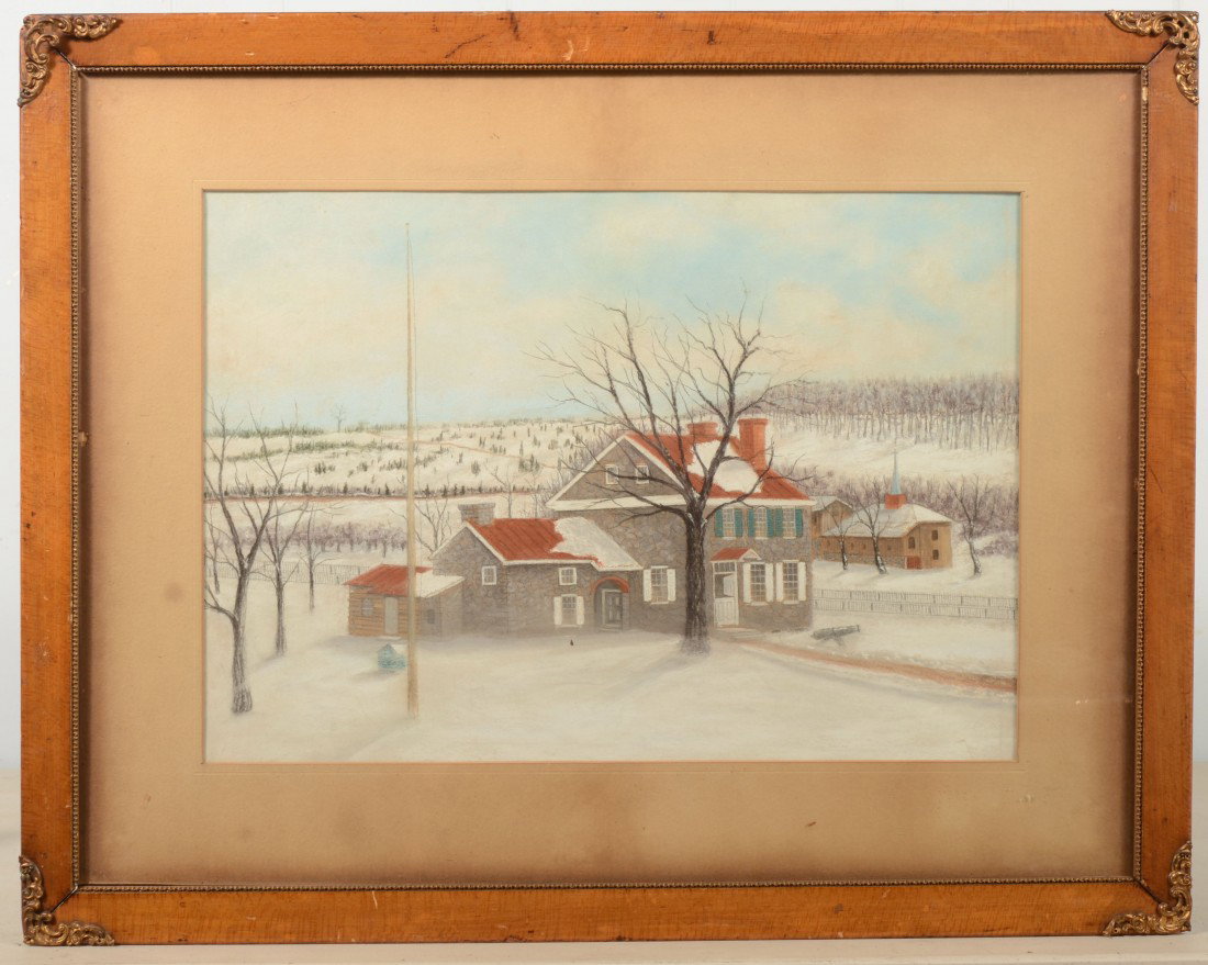 Snowy Winter View of General Washington's Headquar: Snowy Winter View of General Washington's Headquarters at Valley Forge, Pastel on Light Cardboard. Unsigned. Mounted in matted curly maple frame with brass corner spandrels. 13 3/4"h. X 19 3/4"w. sigh