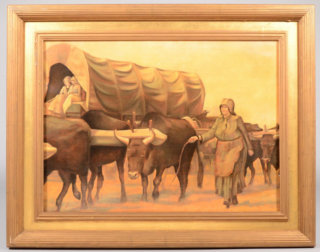 Woman Driving Oxen With a Covered Wagon, Oil on Ca: Woman Driving Oxen With a Covered Wagon, Oil on Canvas. A detail of a view of a wagon train. Initialed: "C.W.P." in lower left corner. 16 1/2"h. X 22 1/2"w. sight and 23 1/4'h. X 29 3/4"w. overall. Co
