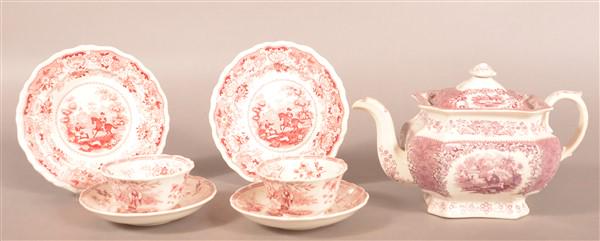 Staffordshire Transfer China.: Staffordshire Transfer China. Teapot, plates, cups and saucers. Teapot 6-1/2"h. Condition: Very good.