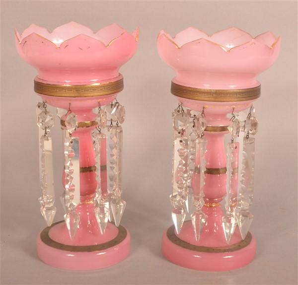 Pair of Victorian Pink Bristol Glass Mantel Lusters. (1 of 2)