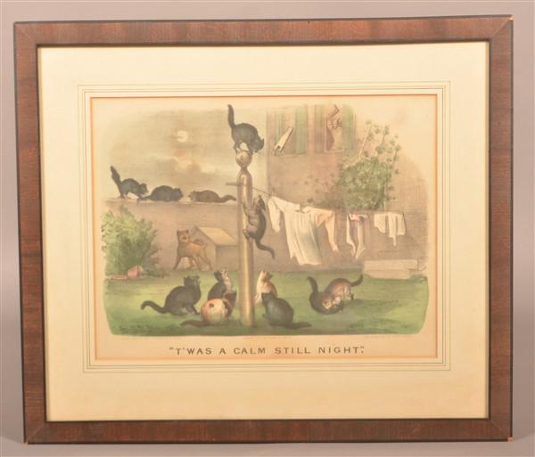 Currier & Ives Lithograph "T'was a Calm Still Night".: Currier & Ives Color Lithograph "T'was a Calm Still Night". Framed and matted, 17" x 19-3/4" overall. Condition: Very good with even toning.