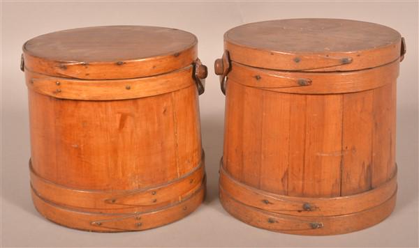 Two PA 19th C. Mixed Wood Covered Firkins. (1 of 3)