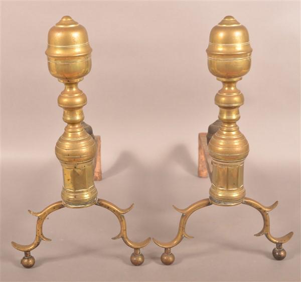 Pair of Antique Brass Andirons.: Pair of Antique Brass Andirons. 19"h. Condition: Good with wear.