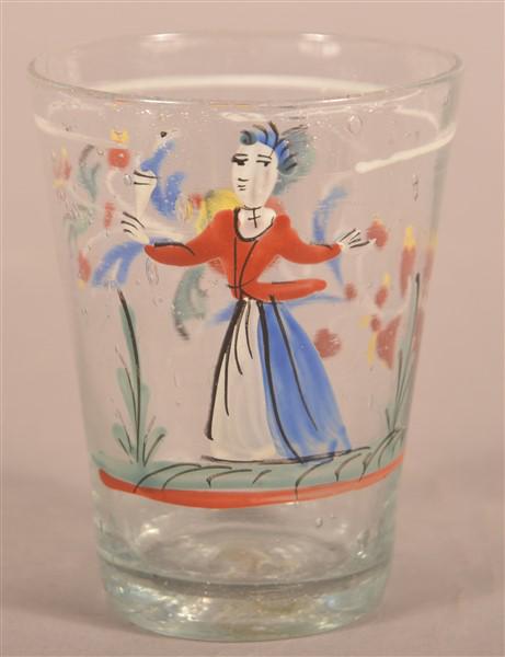 Stiegel Type Blown Colorless Glass Tumbler.: Stiegel Type Blown Colorless Glass Tumbler. Polychrome enamel decoration of a woman, floral and foliate motif. 3-3/4"h. Condition: Very good.