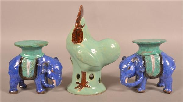 Chinese Glazed Pottery Rooster & Elephant Figures. (1 of 5)