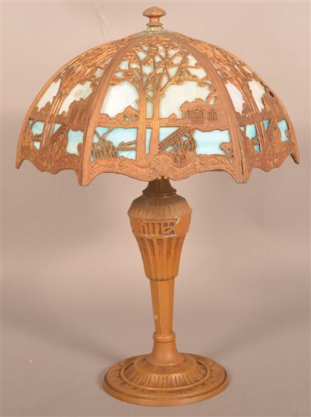 Antique Caramel and Blue Slag Glass Table Lamp. (1 of 7)