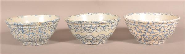 Three Antique Blue Sponge Stoneware Mixing Bowls. (1 of 5)