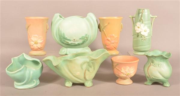 Eight Various Pieces of Weller Art Pottery.: Eight Various Pieces of Weller Art Pottery. Tallest vase 8"h. Condition: Very good.