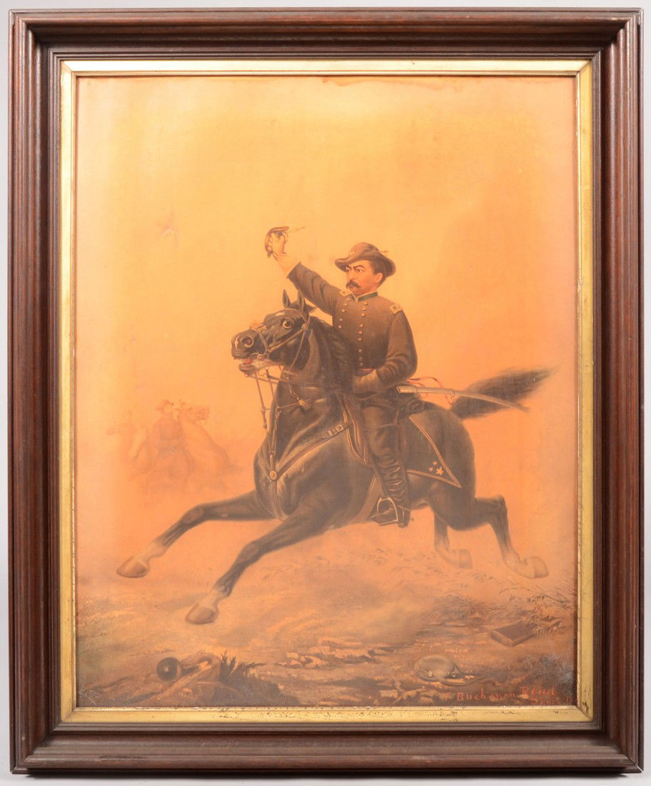 Polychrome Lithograph on Canvas. Image of Civil War: Polychrome Lithograph on Canvas. Image of Civil War Major General Philip H. Sheridan making his famous Ride to Rally the Troops down the Valley Pike, October 19th, 1864. Signed in red in lower right:
