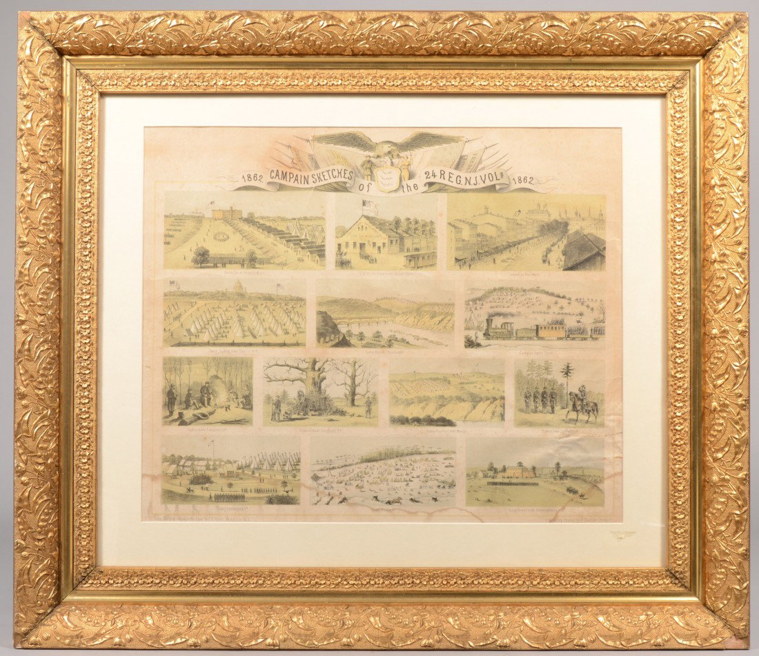 "Campaign Sketches of the 24th Regt. N.J. Vols. 186: Campaign Sketches of the 24th Regt. N.J. Vols. 1862. Lithographic Print. Black and white with pale green highlights. Thirteen vignettes of marching, camp life and other field scenes with titles. "From