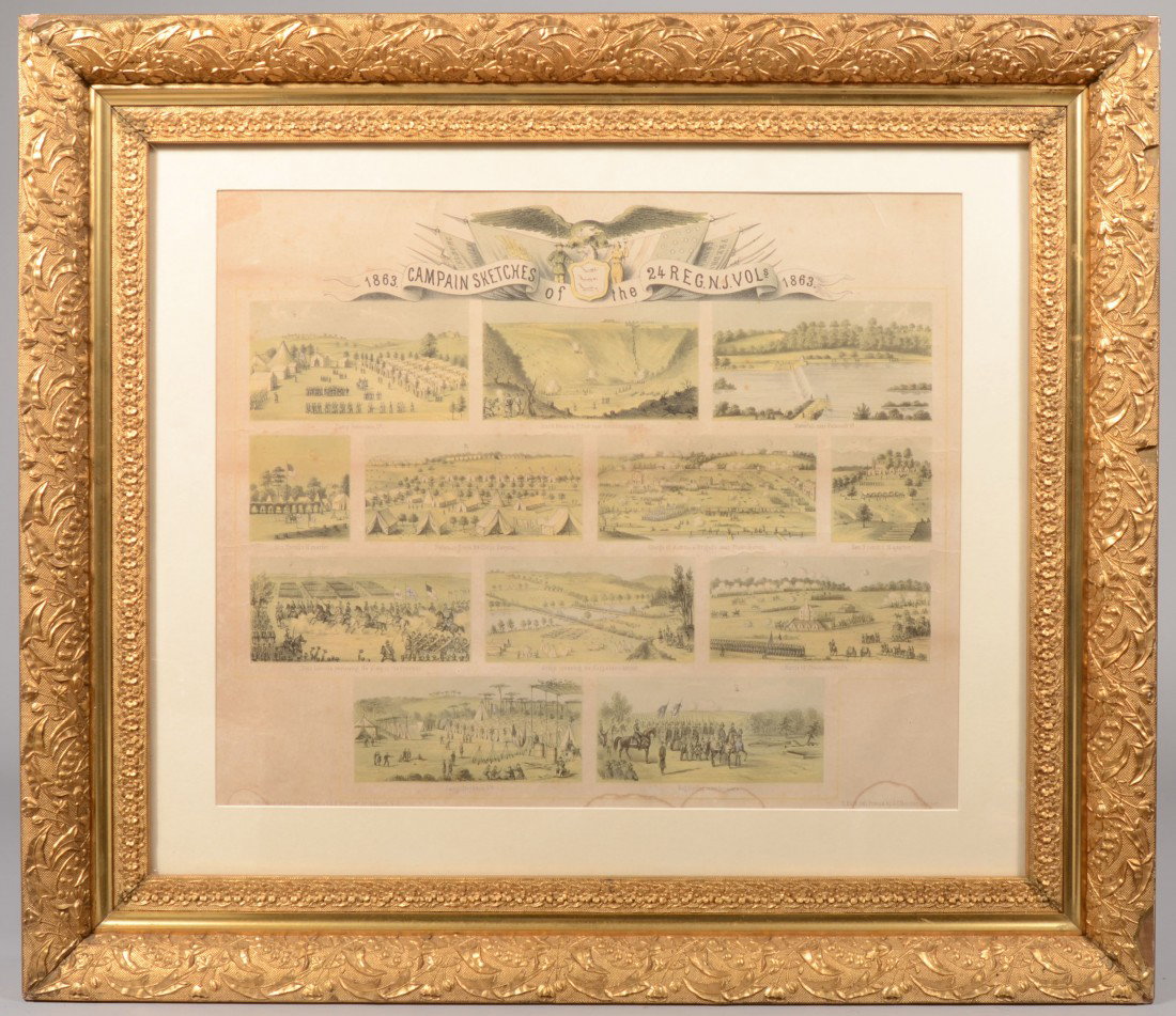 "Campaign Sketches of the 24th Regt. N.J. Vols. 186: Campaign Sketches of the 24th Regt. N.J. Vols. 1862. Lithographic Print. Black and white with pale green highlights. Twelve vignettes of battles, camp life and other field scenes with titles. "From sk