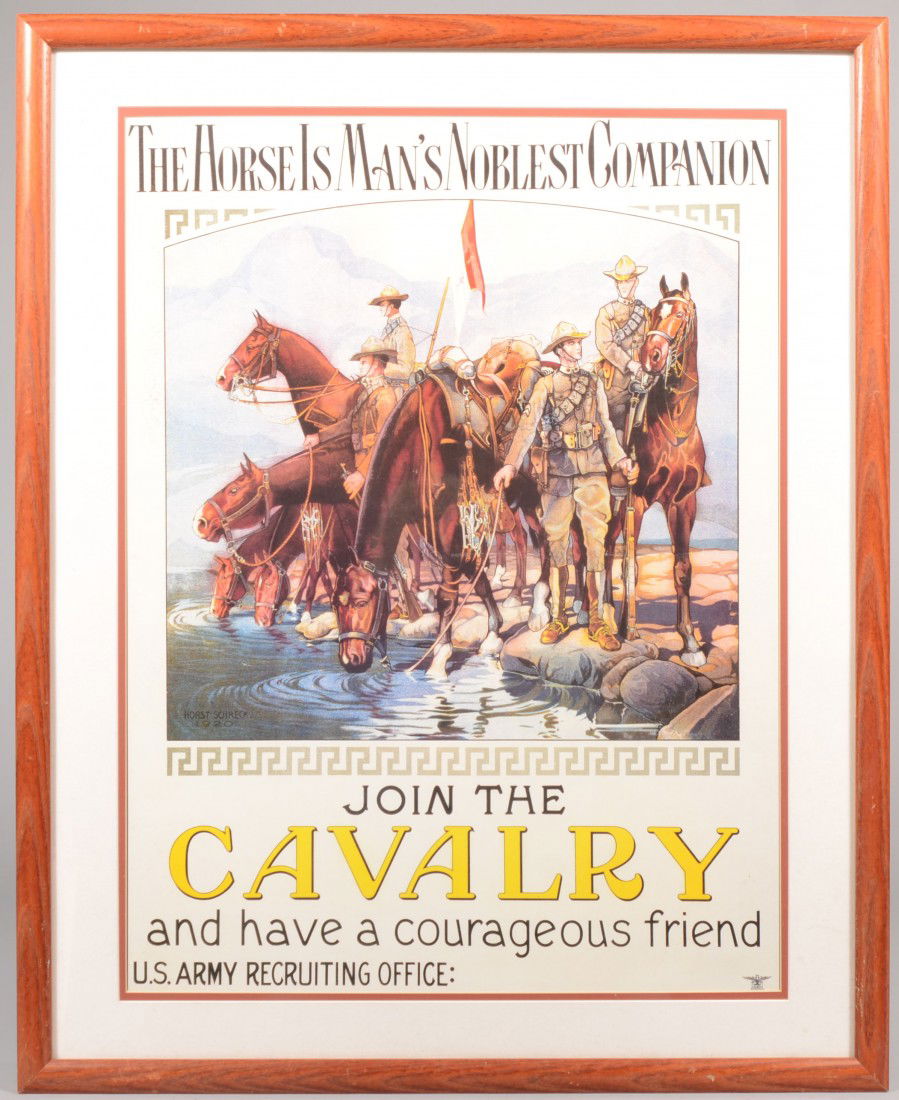 "Join the Cavalry" Color Lithographic U.S. Army Rec: Join the Cavalry Color Lithographic U.S. Army Recruiting Poster. Image shows six horses and four soldiers at a watering hole with text above and below. Double matted and in a natural wood frame: 25 1/
