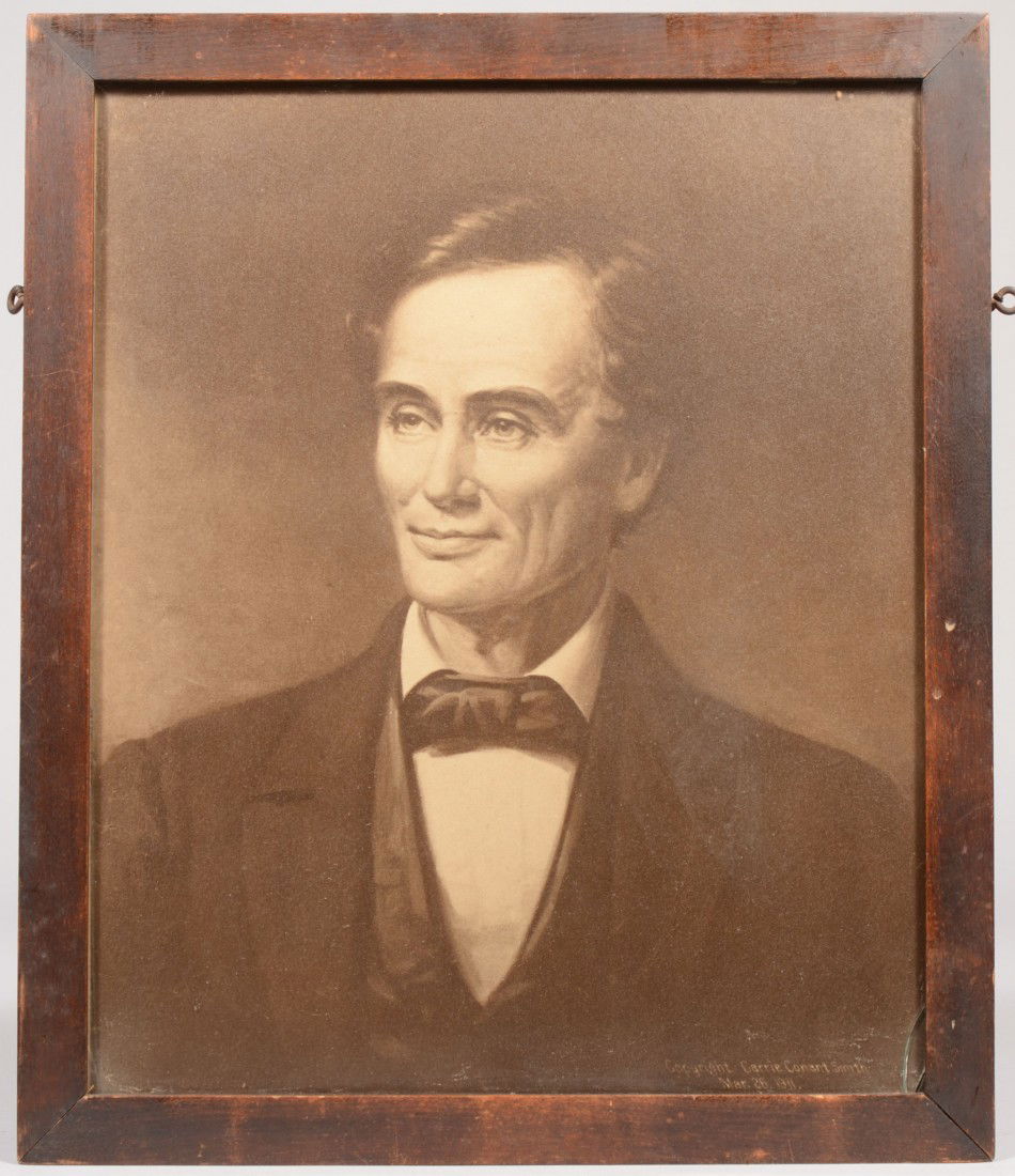 Brown and White Phototype of a Young Abraham Lincol: Brown and White Phototype of a Young Abraham Lincoln. "Copyrighted, Carrie Conant Smith, March 26, 1911." Double glazed, front and back, with legend by artist on back. Legend signed: "A.J.(Alban Jaspe