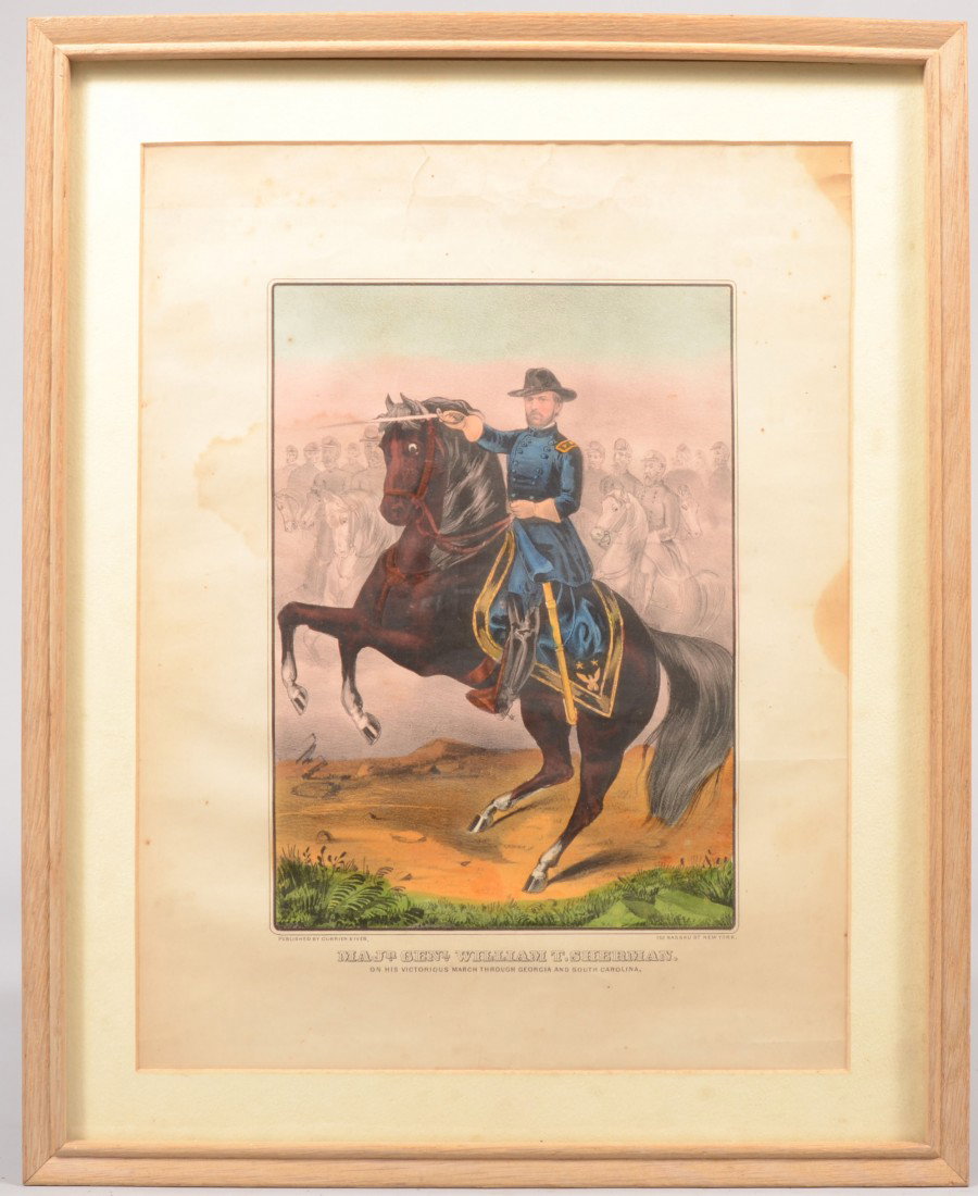 Currier & Ives Water Colored Lithographic Print of: Currier & Ives Water Colored Lithographic Print of "Major. Genl. William T. Sherman, on his victorious march through Georgia and S. Carolina." Matted and mounted in a narrow white wood frame: Image: 1